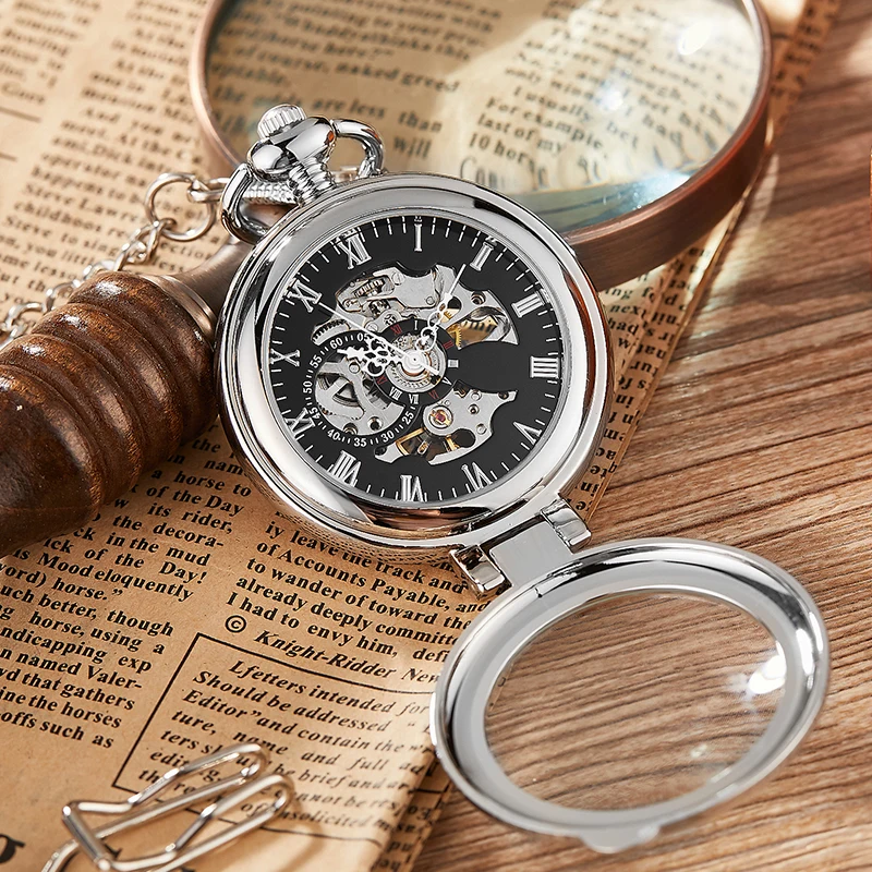 Luxury Mechanical Movement Pocket Watch Magnifying Glass Stylish Hollow Dial Roman Numeral Dial with FOB Chain Foldable Case New