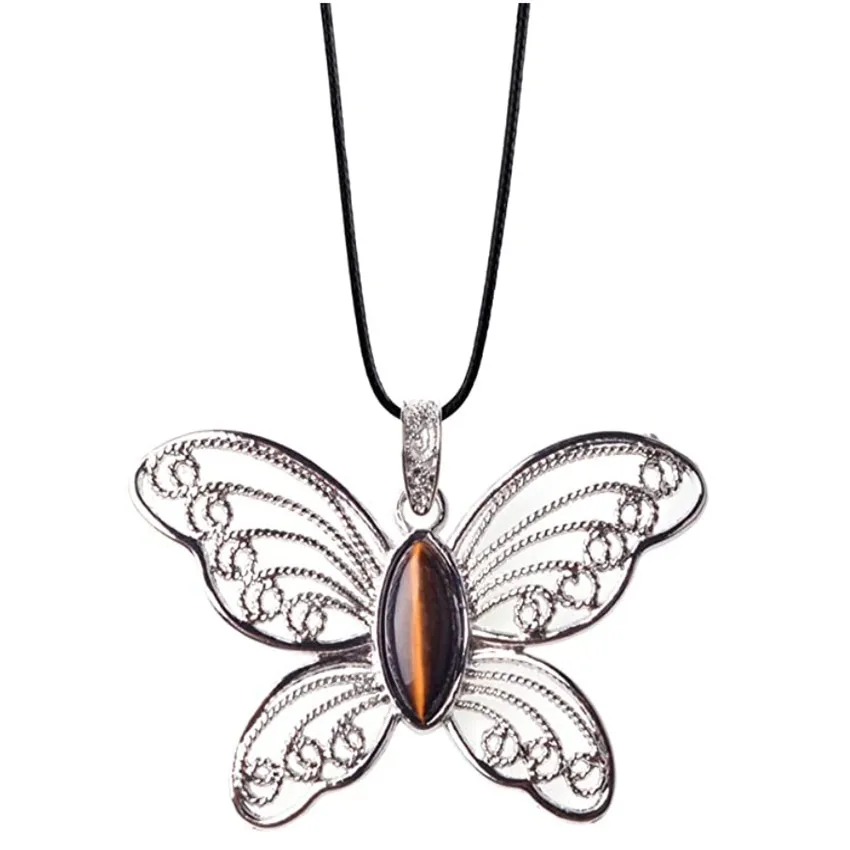 

10 Pcs Silver Plated Butterfly Shape Rose Pink Quartz Pendant Rope Chain Necklace Tiger Eye Stone Jewelry