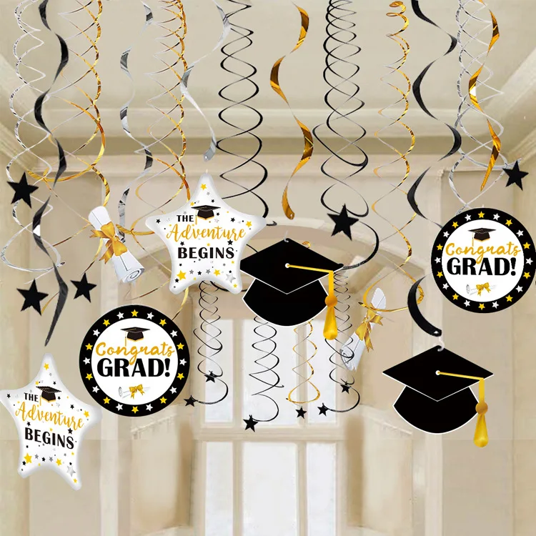 

36pcs Graduation Party Decoration Grad Congrats Bachelor Cap Spiral Ornaments Hanging Foil Swirls Banner Dangling Streamers