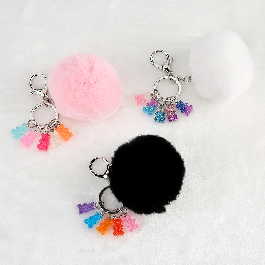 1 шт. брелок с меховым помпоном и шариком мишкой-резинкой пушистый