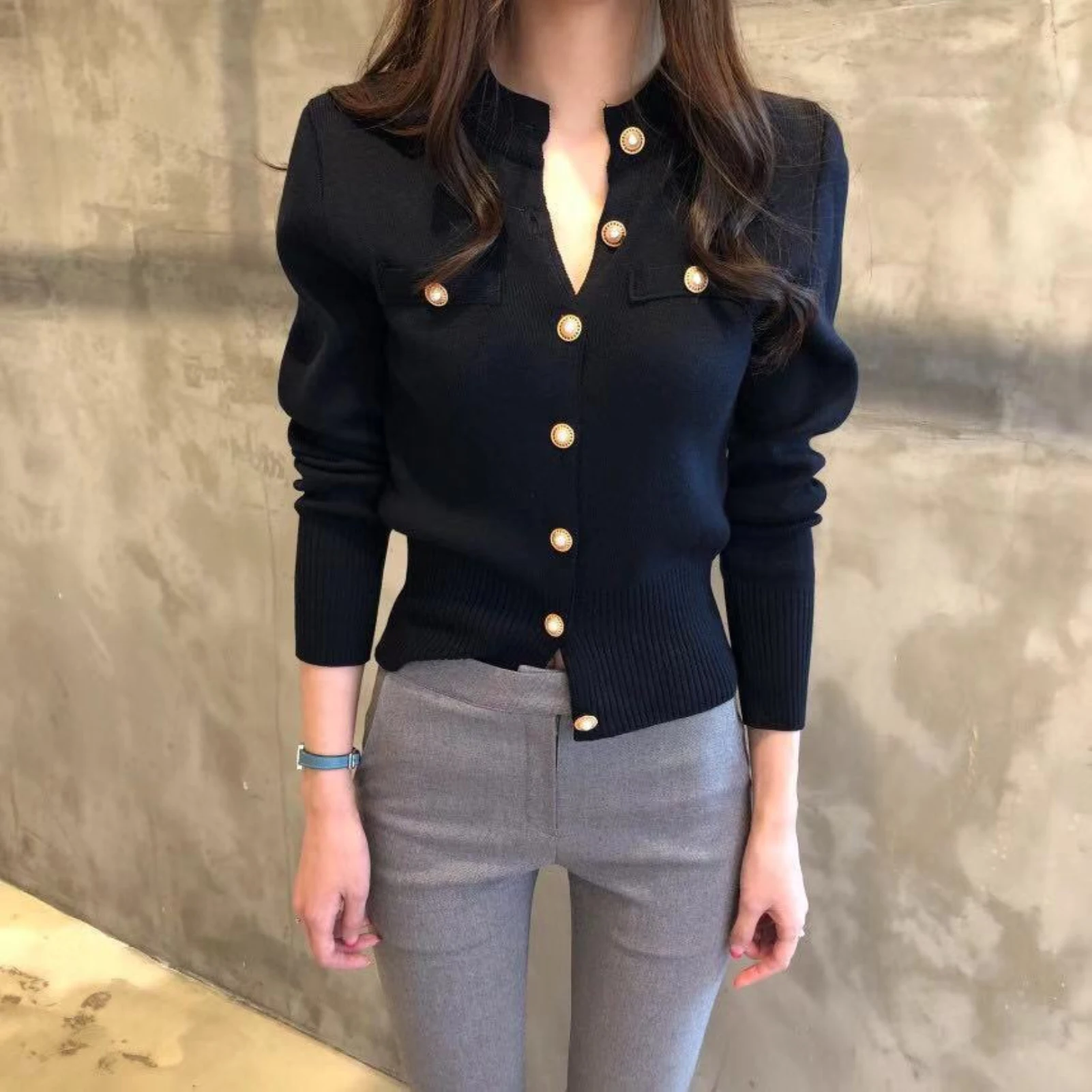 

Women Autumn Single-breasted Slim Knitwear Coat Solid Color Long Sleeve Blouse