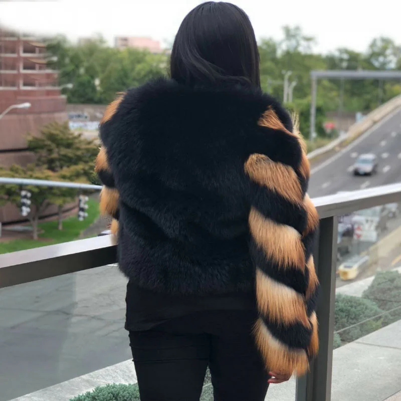 Black Fashion Short Real Fox Fur Coat Women Winter Sleeve Stitching Red Fox Fur Luxury Overcoats High Quality Fur Coats Woman enlarge