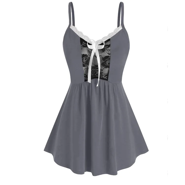 

WEPBEL Camis Women's Solid Color Lace Stitching Camis Sexy Bow Slim Pleated V-neck Backless Spaghetti Strap Irregular Camis