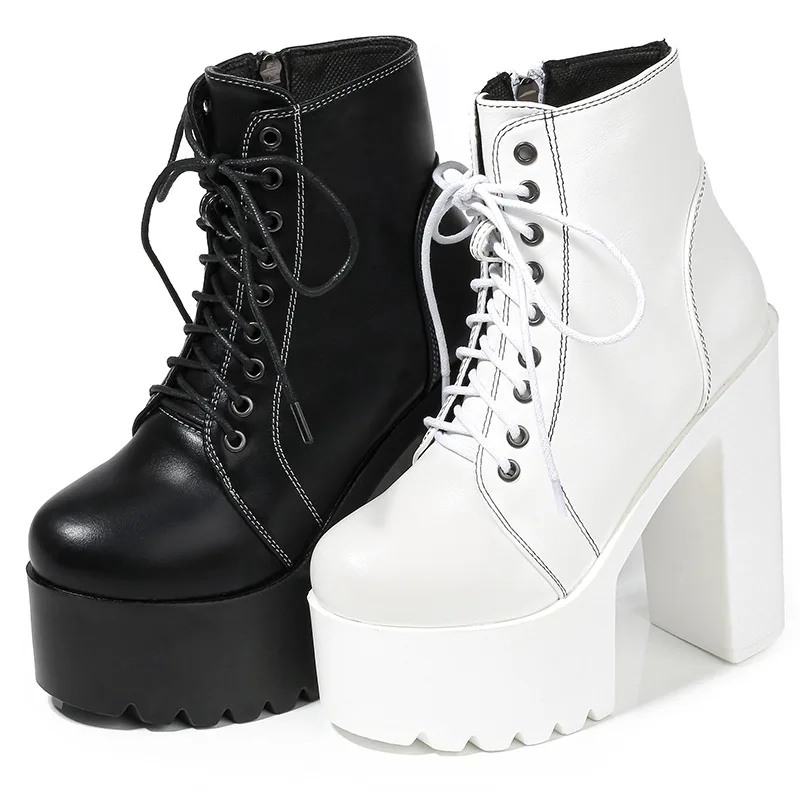 

Thick heel shoes fall 2019 new super high heel waterproof platform 15cm thick sole bare boots hate sky high lace up Roman