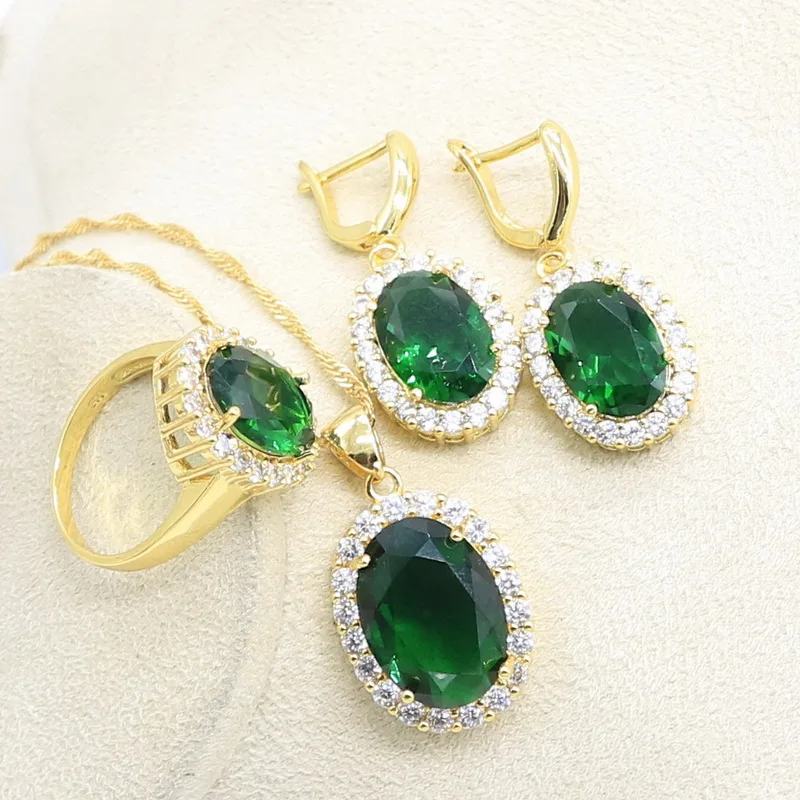 Свадебный браслет золотого цвета с зеленым кубическим цирконием серьги ожерелье