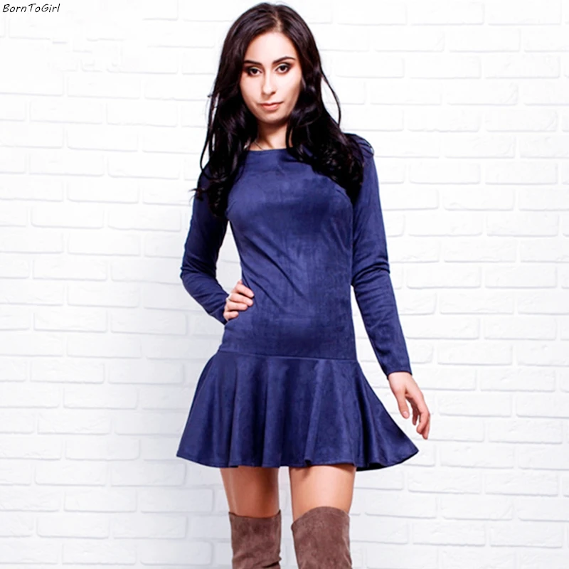 Женское облегающее платье трапеция BornToGirl серое и синее из замши с длинным