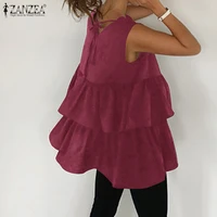 zanzea 2021 elegant ruffle tops womens peplum blouses sleeveless summer tunic female solid hollow blusas oversized chemise