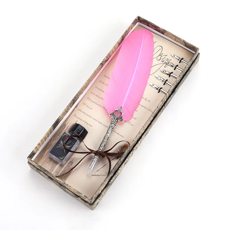 PS210 1Set Calligraphy Feather Dip with 5 Nib Gift Quill Pen Writing Ink Set Box Wedding Fountain Design New | Канцтовары для офиса