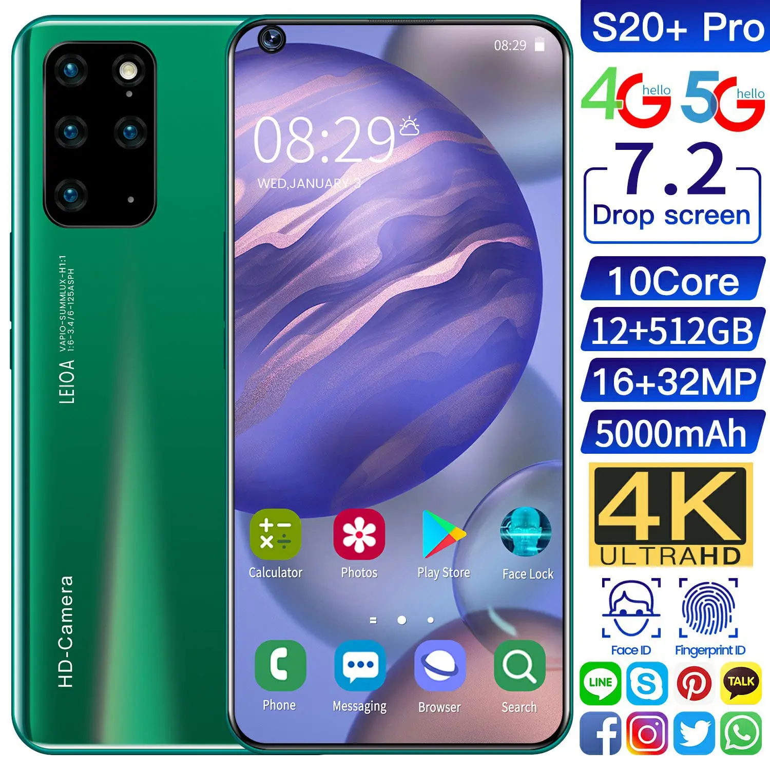 

Global Version S20+ Pro 12+512GB Smartphone Full Screen 7.2 Inch 5000mAh Support Face Fingerprint ID 4G 5G Network Mobile Phone