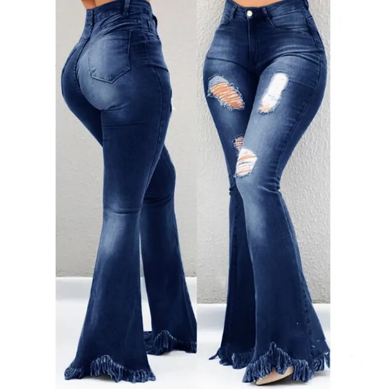 Женские джинсы с завышенной талией рваные расклешенные брюки бахромой