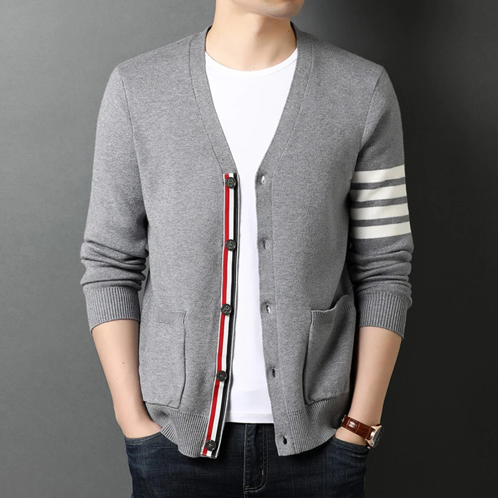 

FAKUNTNLuxury TB Fashion Brand Thom Sweaters Men Slim Fit V-Neck Striped Cardigans Clothing Striped Cotton Casual Coat