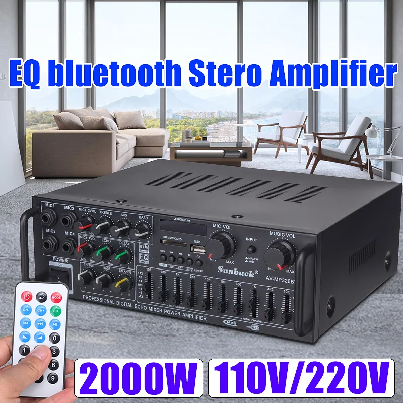2000W 110 V/220 V 2 канальный bluetooth домашней стереосистеме Мощность аудио усилитель аудио поддержкой USB, SD карт памяти, пульт дистанционного управления усилители сабвуфер усилитель