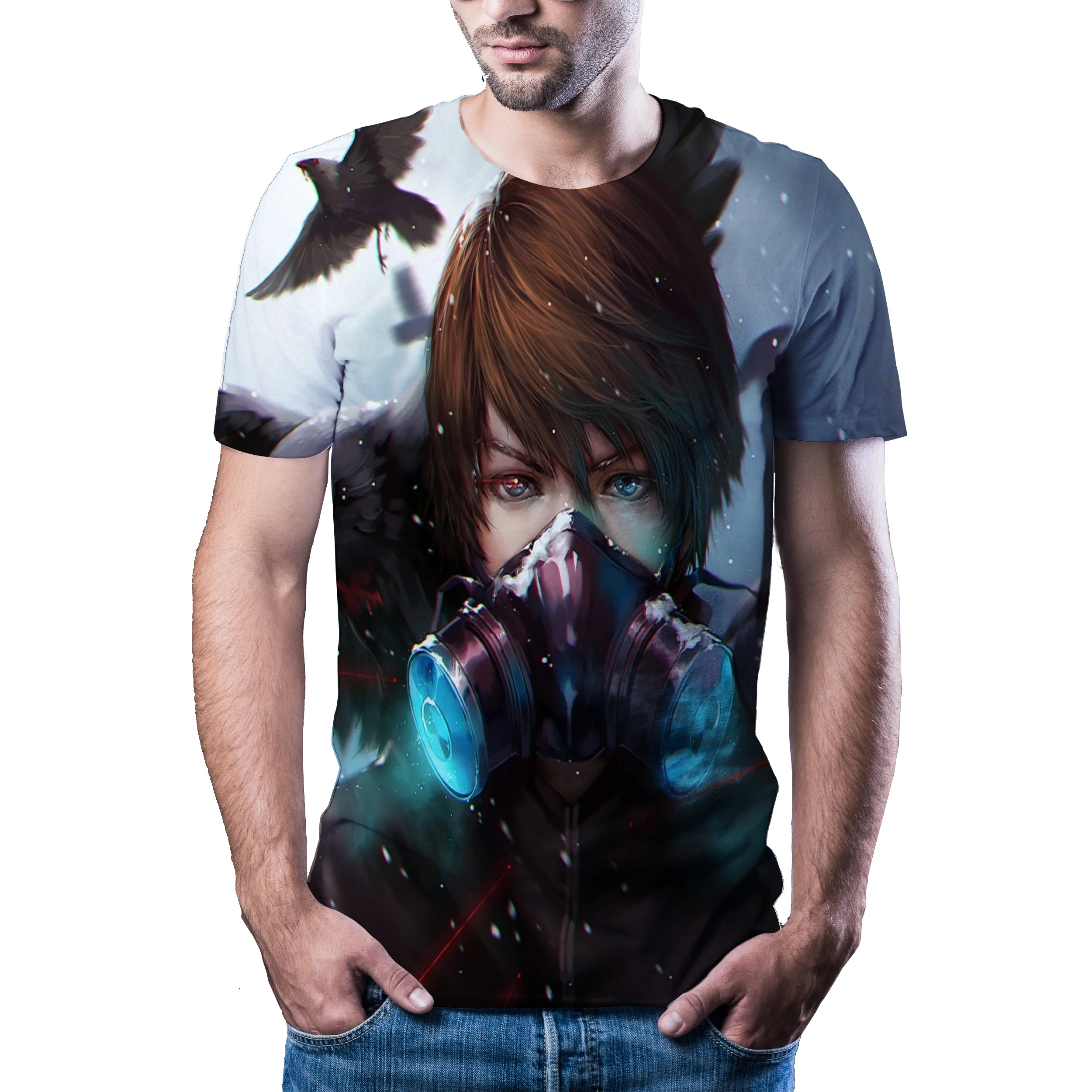 Популярная летняя футболка с объемным аниме мужская и женская модная 3D коротким