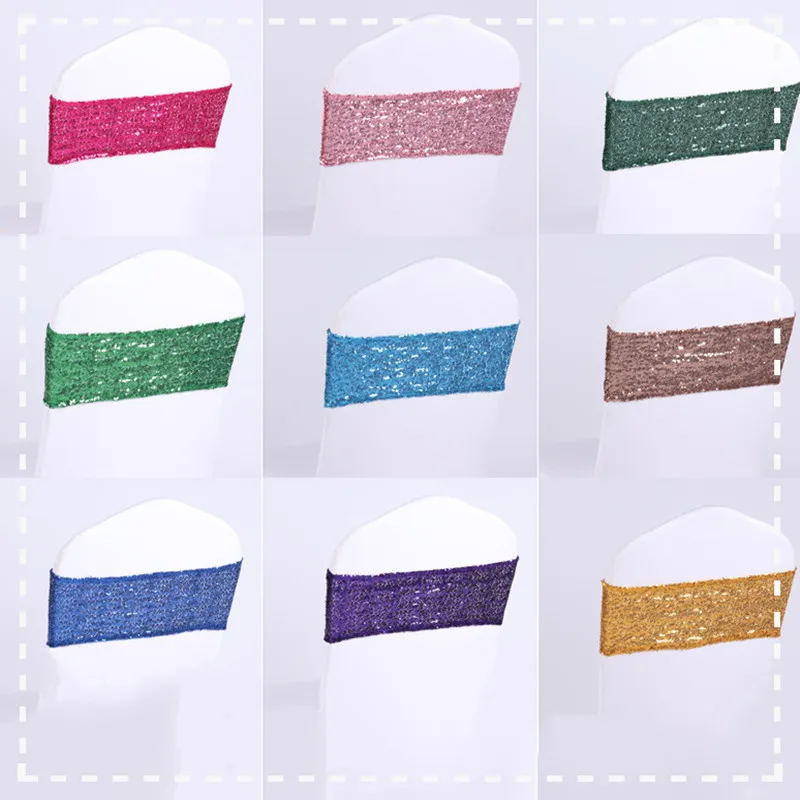 

10pcs Luxury Sequin Chair Sash Elastic Spandex Tie Bow Chairs Band Wedding Decoration Home Hotel Banquet Decor 35*15cm