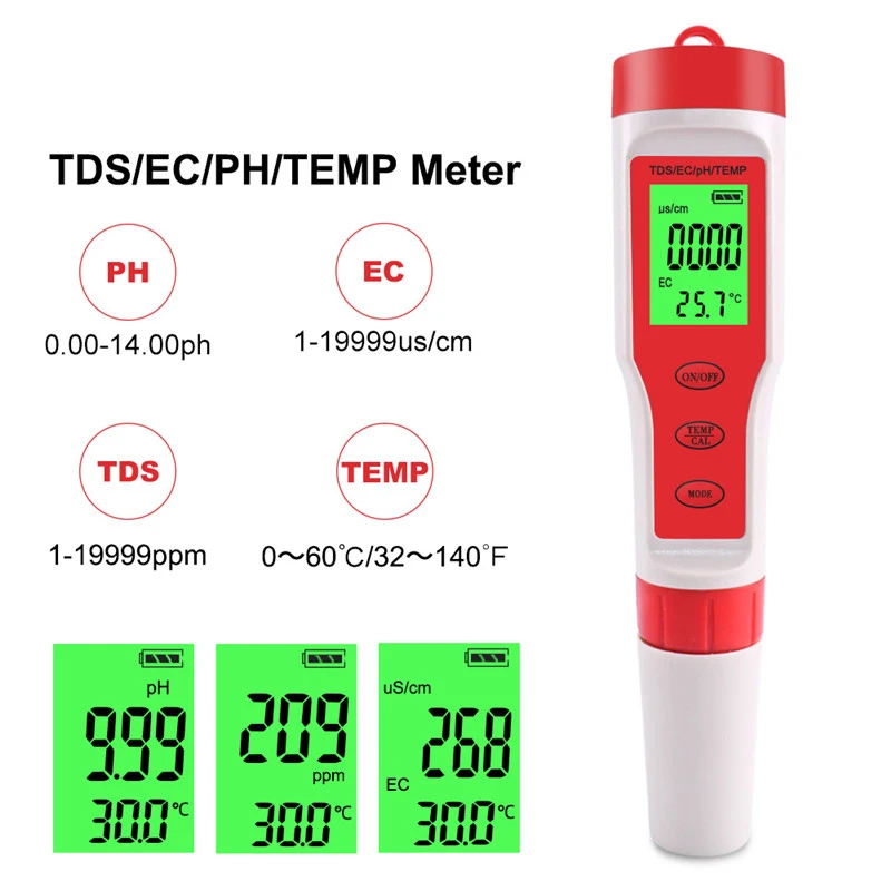 Измеритель температуры воды 4 в 1 PH/TDS/EC портативный цифровой тестер для питьевой |