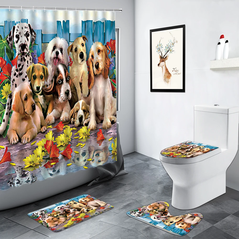 

Funny Cartoon Animals Cat Dog Shower Curtain Oil Painting Garden Scenery Pattern Toilet Mat Bath Non-slip Rug Bathroom Decor Set