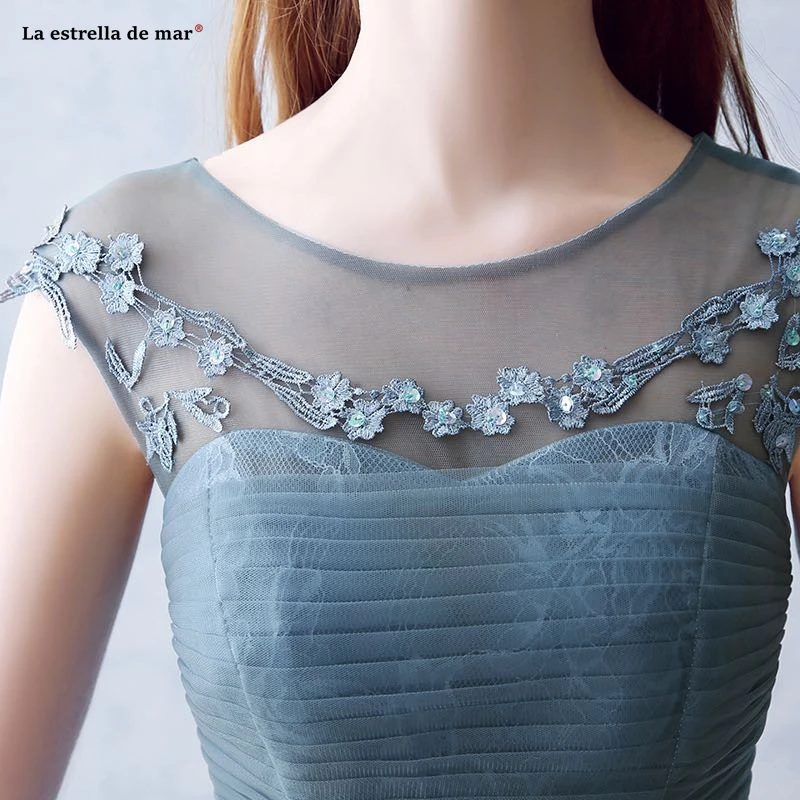 

Dusty blue bridesmaid dresses long tulle applique Cap Sleeve ALine vestidos para bodas elegantes largos chic wedding party gown
