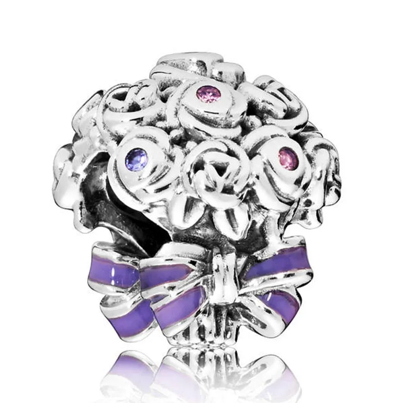

Original 925 Sterling Silver Charm Purple Enamel Roses Bouquet Celebration Bouquet Bead Fit Pandora Bracelet DIY Jewelry