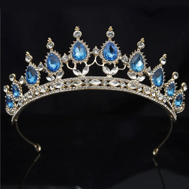 Gold Light Blue Винтажная диадема в стиле барокко с золотыми кристаллами, корона для королевской диадемы, свадебная корона, диадемы, ободки для невесты, свадебные украшения для волос, аксессуары - Окраска металла: Gold Light Blue