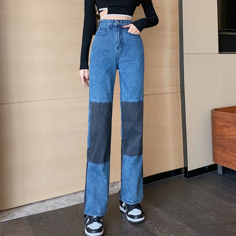 

Джинсы женские с завышенной талией, винтажные нишевые дизайнерские брюки из денима, модные джинсы с широкими штанинами в стиле пэчворк, вес...