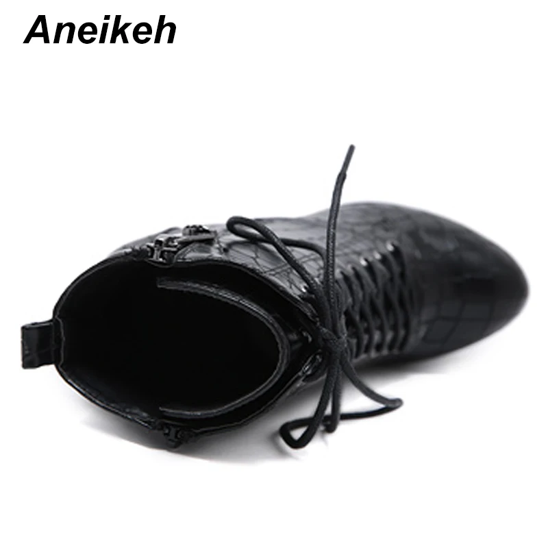 Aneikeh/пикантные женские ботильоны на высокой платформе с перекрестной шнуровкой; мотоботы из искусственной кожи в стиле панк; обувь для ночного клуба; женская обувь на не сужающемся книзу массивном каблуке