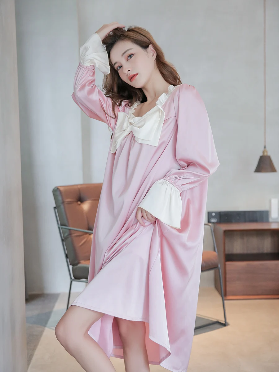 

Silk Nightdress for Women Long-Sleeved Round Neck Bowknot Nightgown Cute Sweet Korean Style Satin Sleeping Dress Spring/Summer