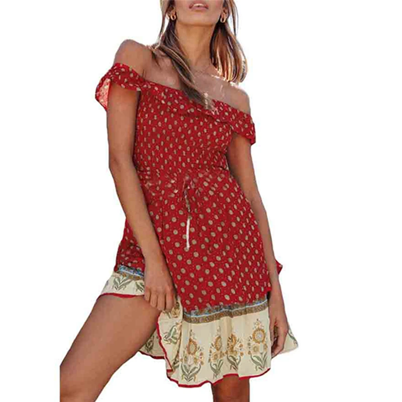 Модное летнее женское сексуальное платье Бохо с открытыми плечами 2020