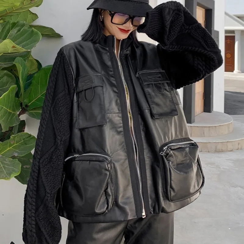Safari Style Sheepskin Knitting Long Sleeve Trench Coat Female Streetwear Designer Loose Zipper Genuine Leather Outerwear Jacket | Женская