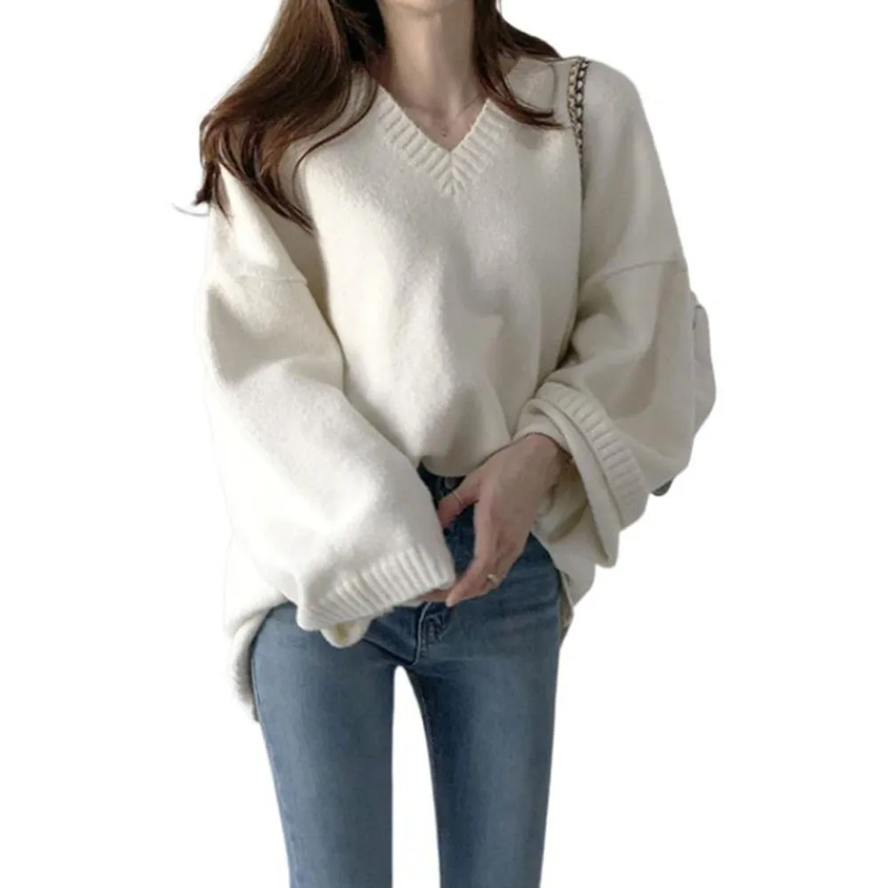 

Samdolly Autumn Swearter Women's Solid Color Casual Loose V-neck Top Sweater Sweater Outdoor Pullover 2021 Winter Tops
