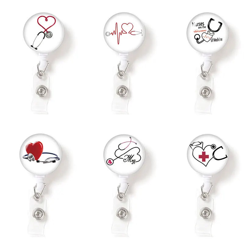 

1 Piece Retractable Nurse Badge Reel Clip Cute Love Heart Stethoscope Doctor Student IC ID Card Badge Holder