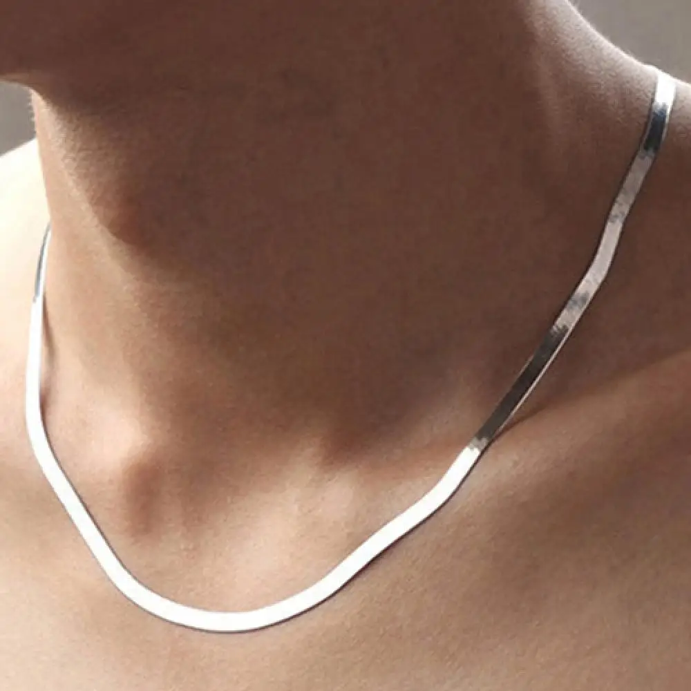 

Women Men Simple Silver Plated Flat Gift Snake Chain Herringbone Choker Necklace 2021
