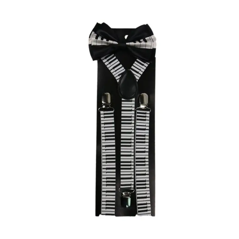 Men Women 2 In 1 Suspenders Bow Tie Set Black White Music Notes Piano Keyboard Print Adjustable Y-Back Belt Necktie Stage Party |