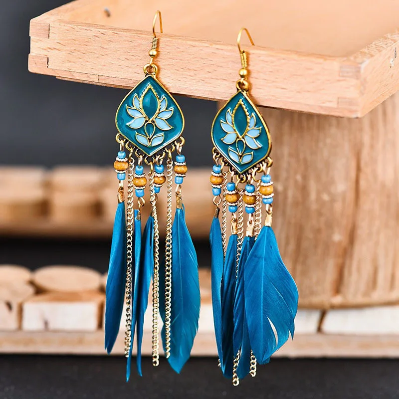 

Summer Earrings Tassel Drop Earrings Blue Long Feather Dangle Earrings For Women Wedding Bride Jewelry Oorbellen Hangers