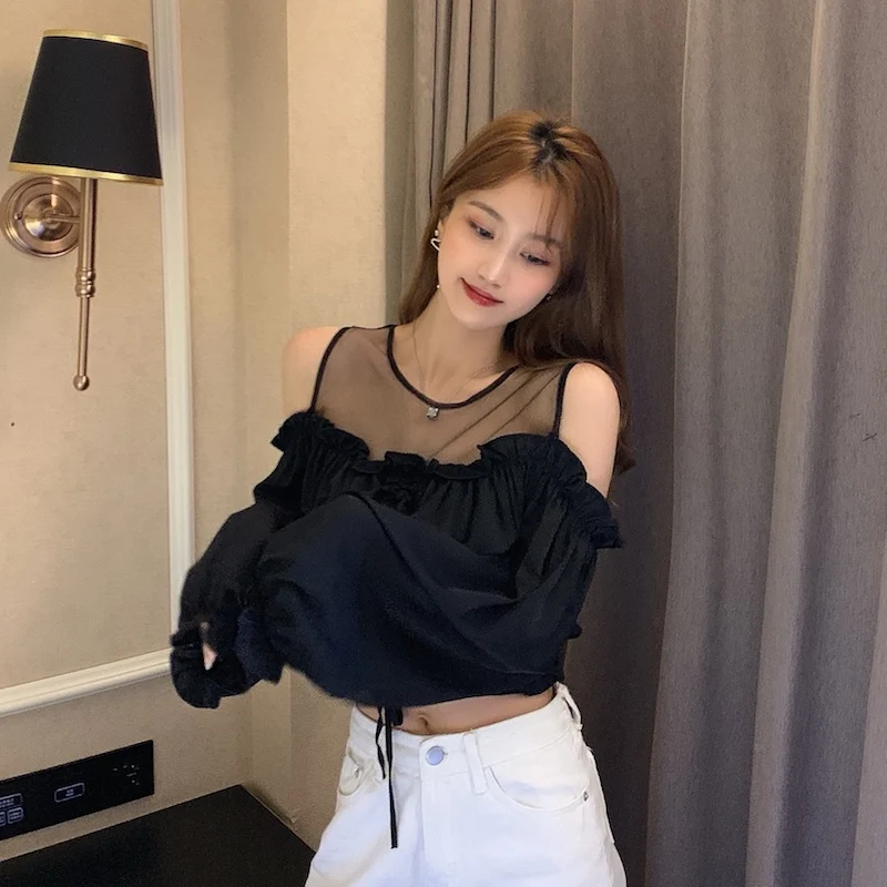 

Off Shoulder Blouses Perspective Hollow Out Crop Top Autumn Style Shirts Long Sleeve Women's Clothing Korean Fashion Brand New