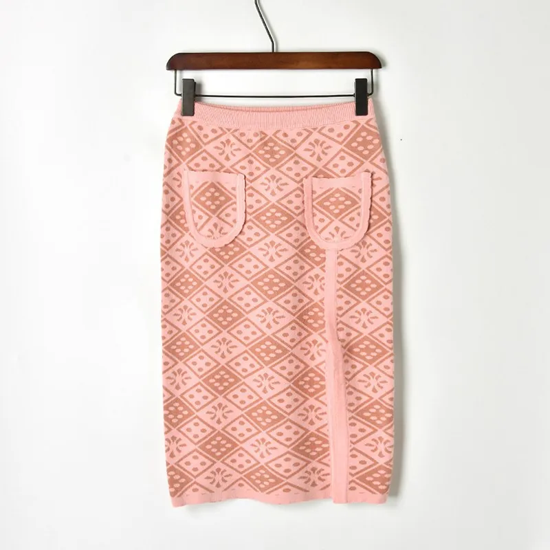 Женский розовый костюм Цветочный винтажный жаккардовый вязаный короткий