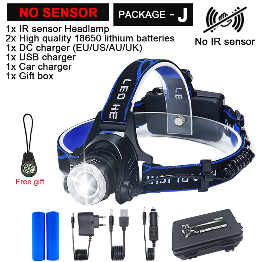 Package J ИК-датчик, головной светильник, USB Перезаряжаемый, V6/L2/T6, индукционный светодиодный налобный фонарь, налобный светильник для рыбалки, налобный фонарь, фонарь, аккумулятор 18650 - Испускаемый цвет: Package J