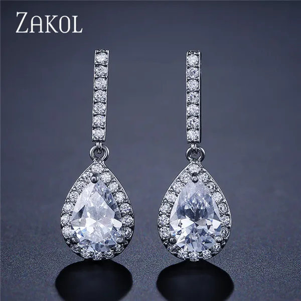 White Color ZAKOL вечность большие каплевидные серьги с кубическим цирконием, микро инкрустация, висячие серьги с блестящей розово-золотой расцветкой для девушек, вечерние серьги FSEP086 - Окраска металла: White Color