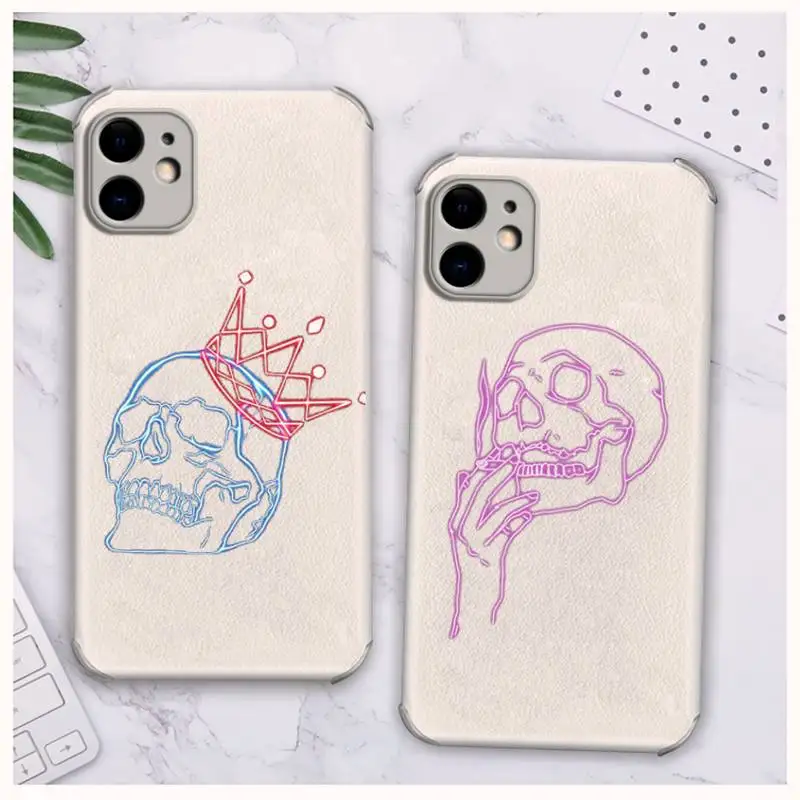 

Skull under neon light Phone Case Lambskin Leather For iphone 12 11 8 7 6 XR X XS PLUS MINI PLUS PRO MAX Shockproof