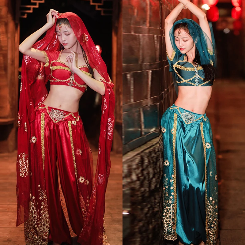 

Women Belly Dance Outfit Red Sexy Halter Short Sleeve Top Gorgeous Skirt Short Veil Set Halloween Hanfu Bollywood Dance Costume