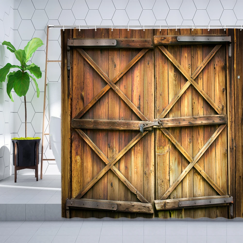 retro old wooden door shower curtain vintage flower window farmhouse barn shutters wall decor bathroom hanging curtains set hook free global shipping