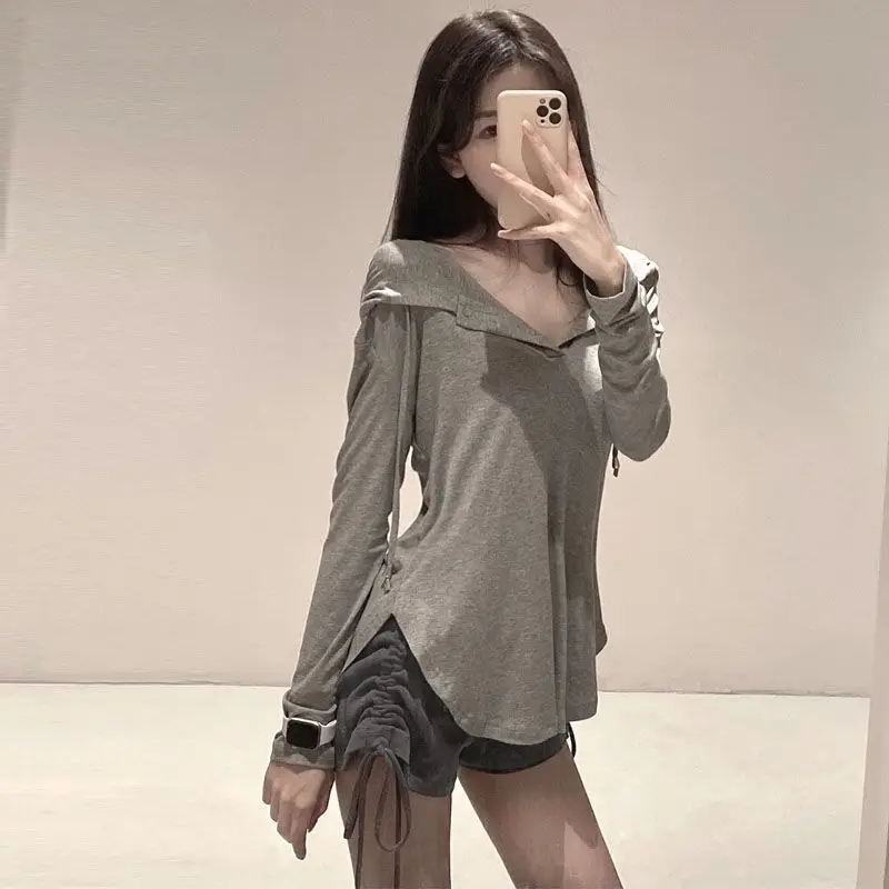 

Solid color hooded t-shirt women long-sleeved tops 2021new spring autumn Korean fashion temperament casual loose hooded t-shirts