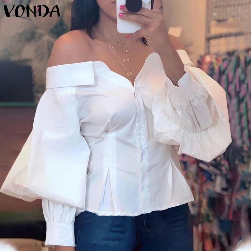 

Женская Туника 2021 VONDA с длинным рукавом, отложным воротником, рубашки, Сексуальная Блузка с открытыми плечами, богемные женские блузы, женск...