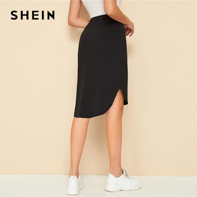 SHEIN черная Однотонная юбка с завязками спереди и высоким низким подолом Женская юбка Осенняя Женская Асимметричная Повседневная юбка длиной до колена