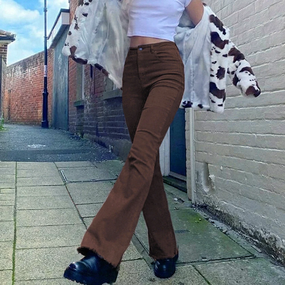 Винтажные базовые Коричневые джинсы Y2K, женские уличные джинсы в стиле Харадзюку, эластичные расклешенные брюки, хлопковые брюки-джоггеры, ...
