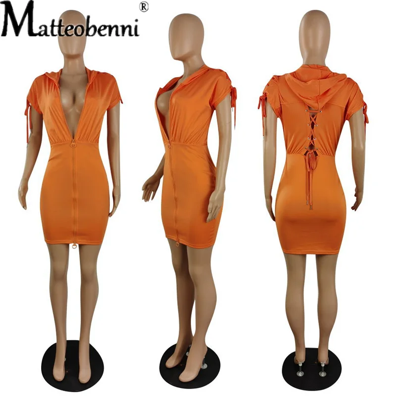 

2021 Summer Fashion New Sexy Mid-Waist Solid Color Bandage Zipper Hooded Women Dress Ladies Casual V-Neck Short-Sleeve Dresses