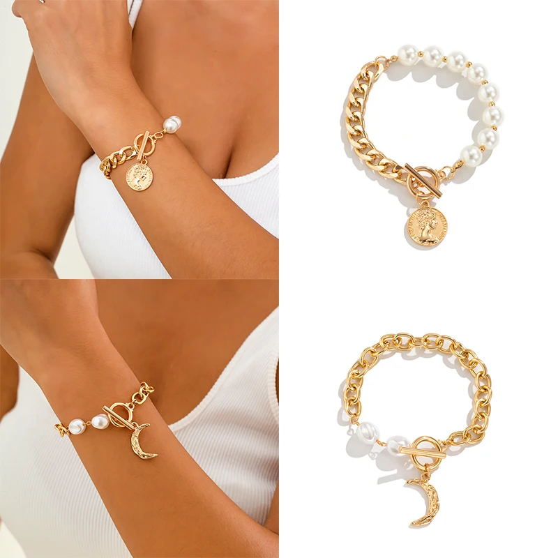 

Baroque Simulated Pearls Bracelets for Women New Fashion Geometric Moon Round Coin Portrait Pendant Beaded Chain Lasso Jewelry
