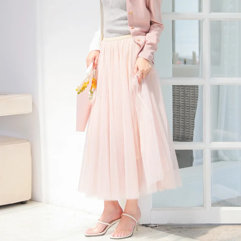 

Ten layers of yarn skirts women temperament sweet solid high waist long skirt high quality mesh chiffon skirt female Z0453