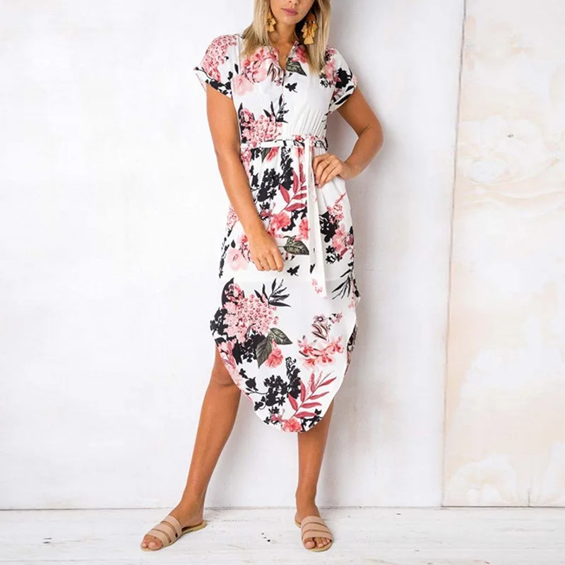 

Office Lady Summer Dress V Neck Flower Printed Striped Dress Women Sexy Short Sleeve Side Split High Waist Dresses