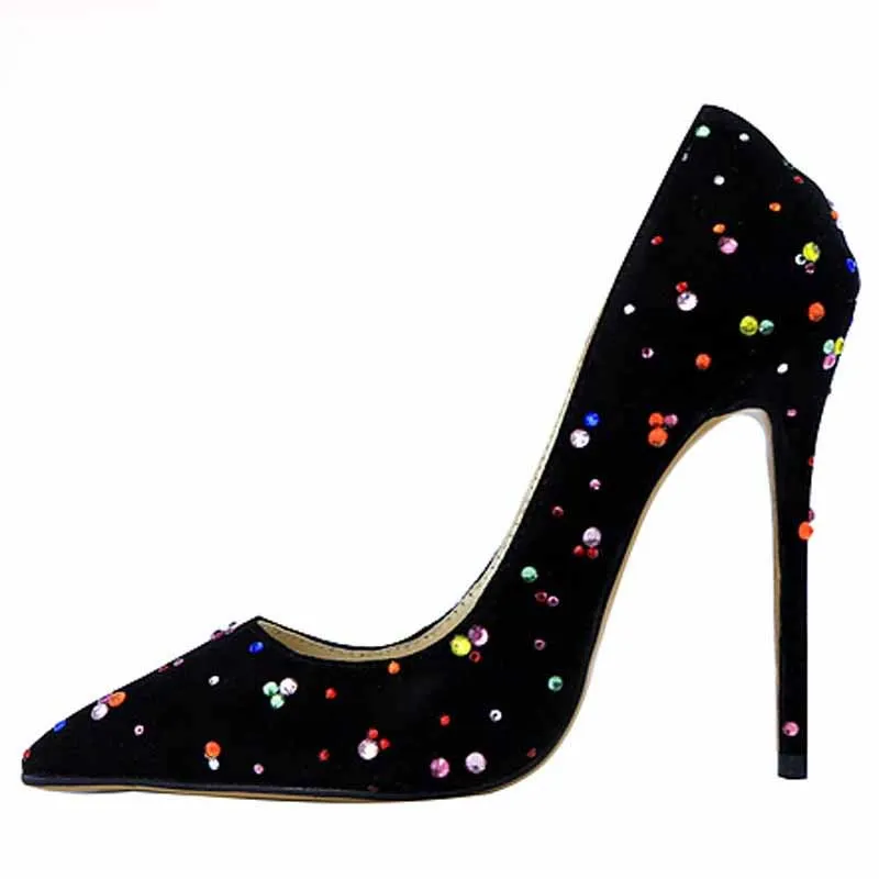 

Женские вечерние туфли-лодочки, черные туфли на высоком каблуке с острым носком и цветными кристаллами, обувь для выпускного вечера