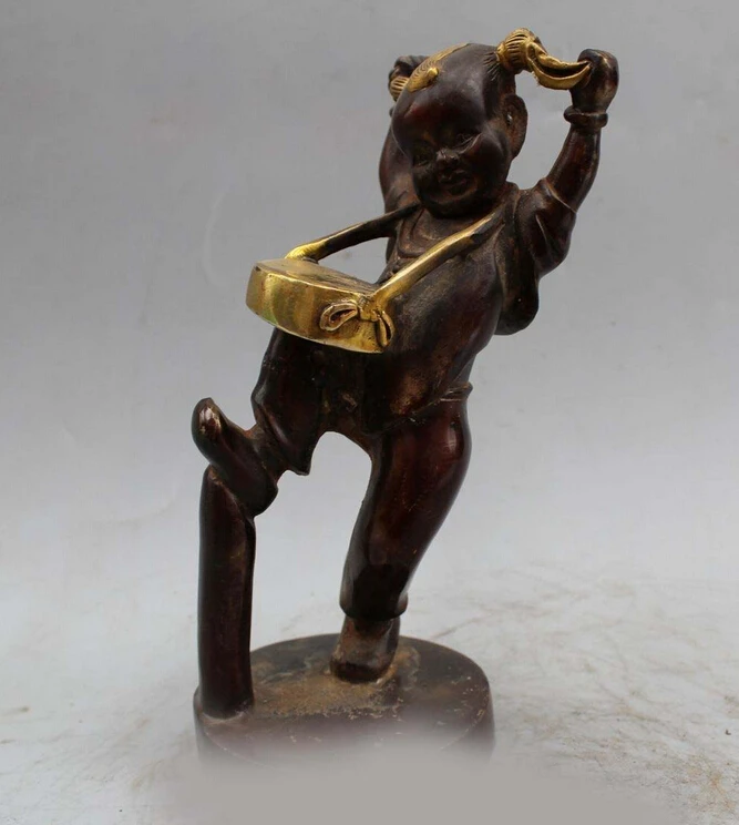 803++++++8&quotChina Chinese Folk Art Bronze Gild Lucky Boy perform Drums and gongs Statue | Дом и сад